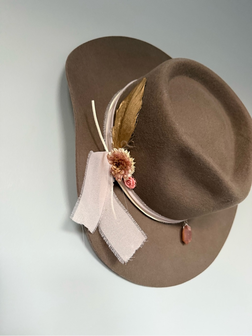 Brown Wool Fedora Hat with Pink Floral Trim